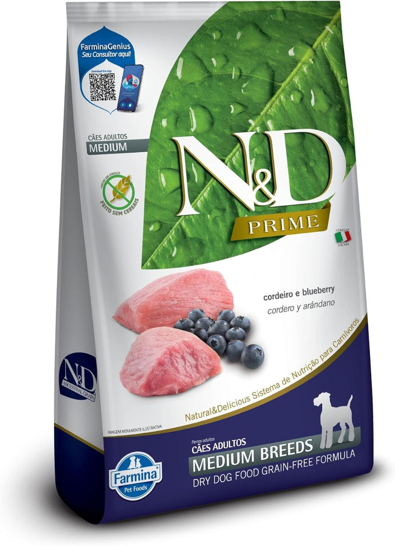 N&D Prime Ração Farmina Cordeiro e Blueberry Cães Adultos Raças Médias - 10,1kg