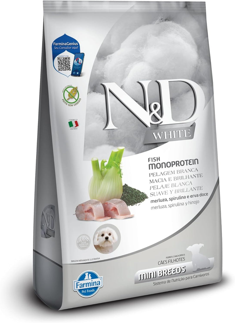 N&D White para Cães Filhotes de Raças Mini e Pequenas Sabor Merluza, Spirulina e Erva Doce 1,5Kg